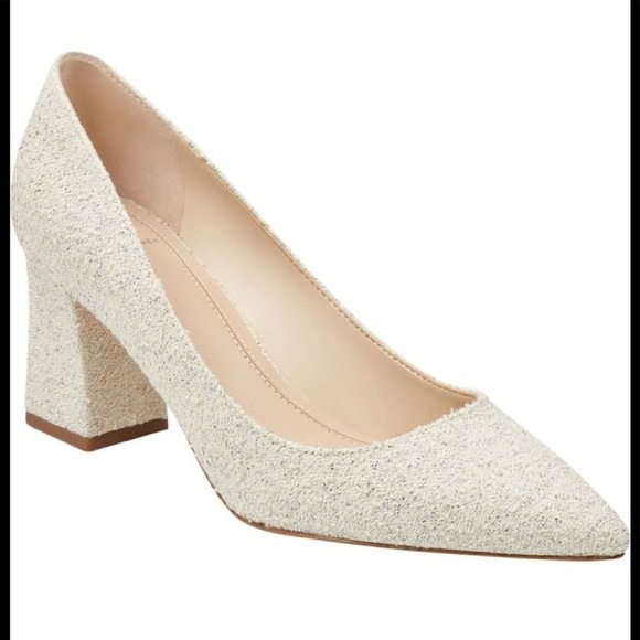 Marc Fisher LTD Zala Block Heel Pointy Toe Pump/ Silver Fabric - Picture 1 of 4